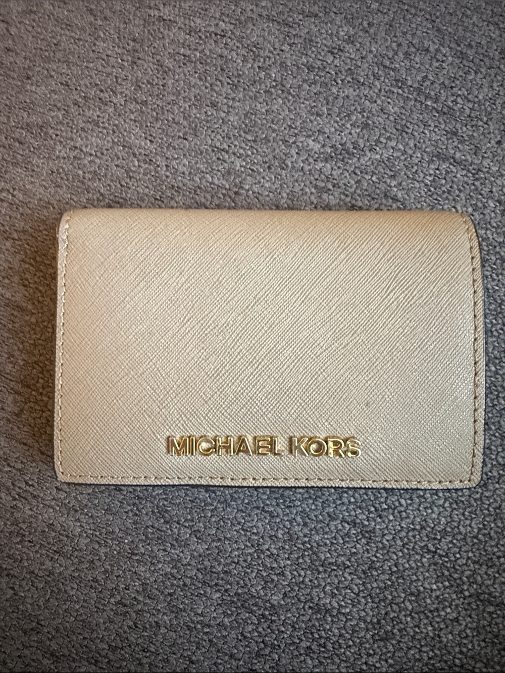 Michael Kors Gold Logo Cream Saffiano Leather Card Holder